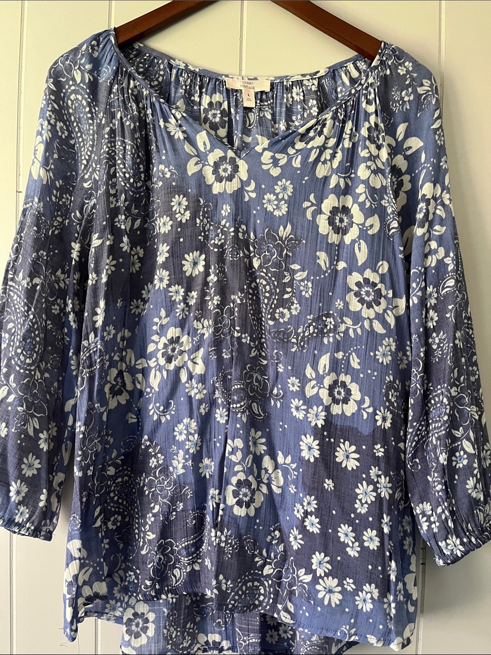 Floral Peasant Blouse - Blue/White - Picture 2 of 9